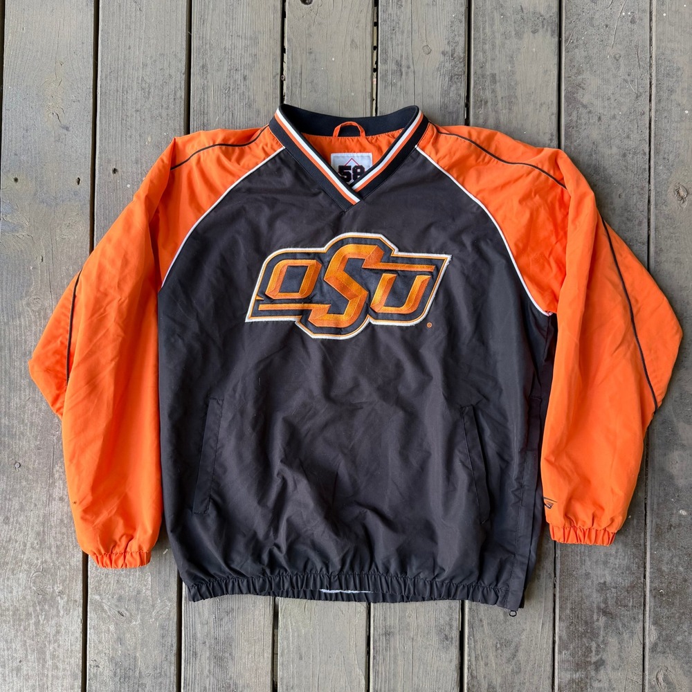 58 Sports Oklahoma State University OSU Windbreaker Pullover V-Neck Jacket L